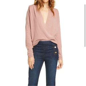 FRAME 100% Cashmere Sweater Rosewood Pleated Faux Wrap Deep V Neck Criss Cross